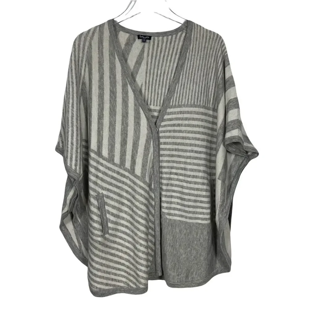 Splendid Poncho Grey White Striped Longline Wool Cashmere Size Small